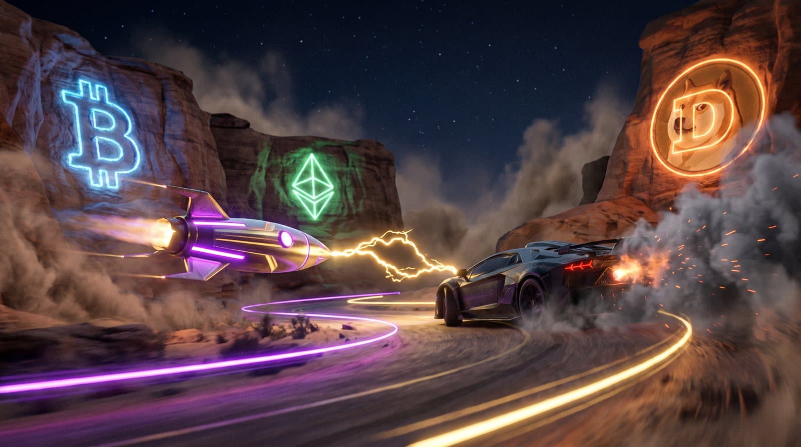 The meme-stock rocket firing its Short Squeeze lightning bolt at a rival on Crypto Canyon