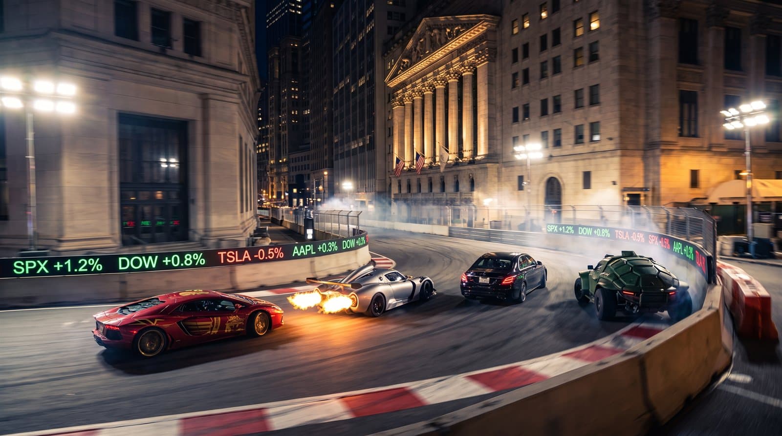 Four investing-style cars lined up at the checkered start line of the Wall Street Circuit