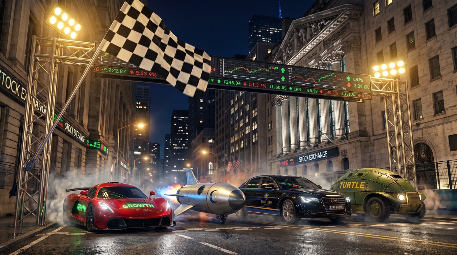 Bull Run GP key art — growth supercar, meme rocket, blue-chip sedan and index-fund turtle at the start line