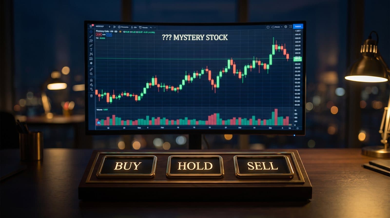 Chart Replay key art — a mystery candlestick chart with BUY, HOLD and SELL buttons