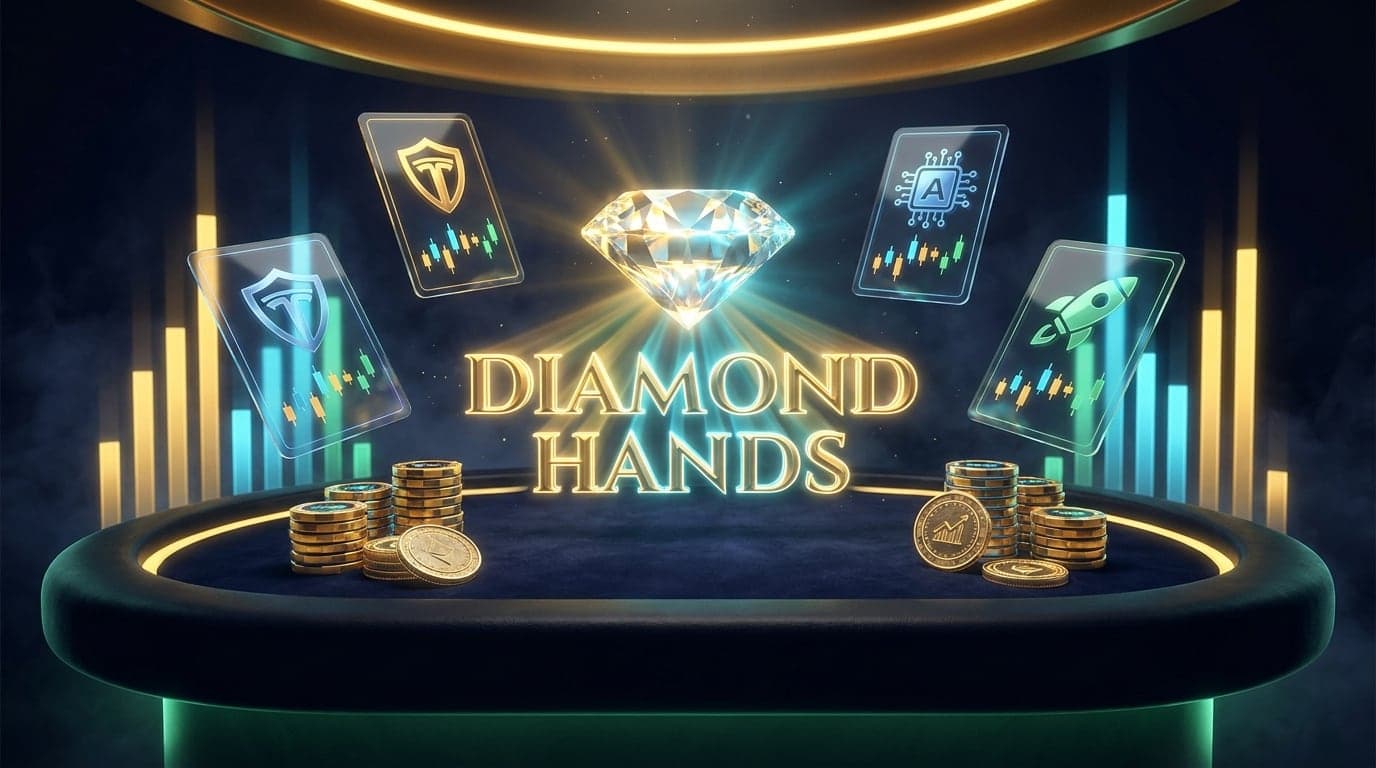 Diamond Hands key art — glossy holographic stock cards floating over a navy game table around a glowing faceted diamond, gold chips stacked below