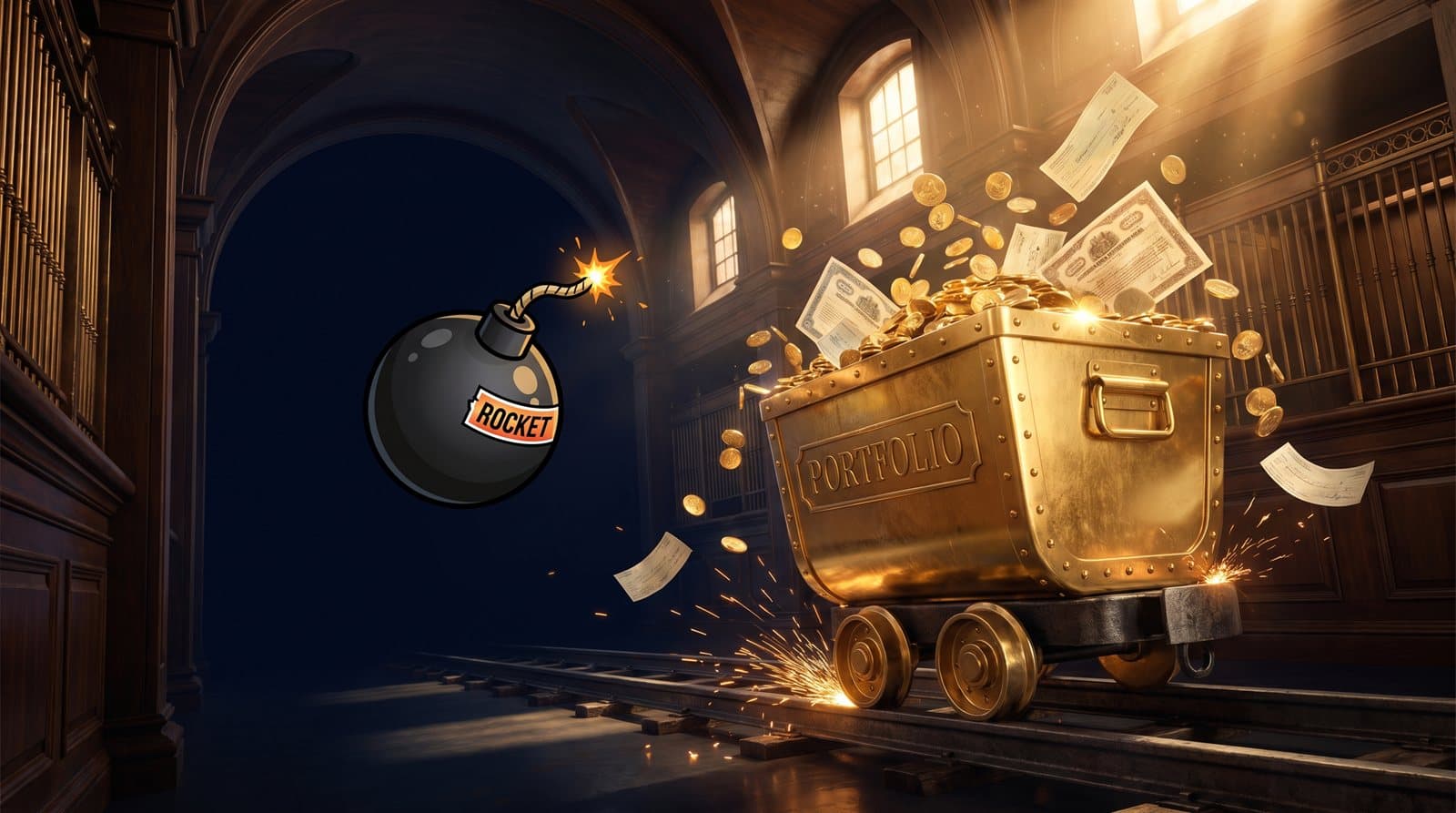 Dividend Drop key art — a golden portfolio cart catching falling coins while dodging a meme bomb