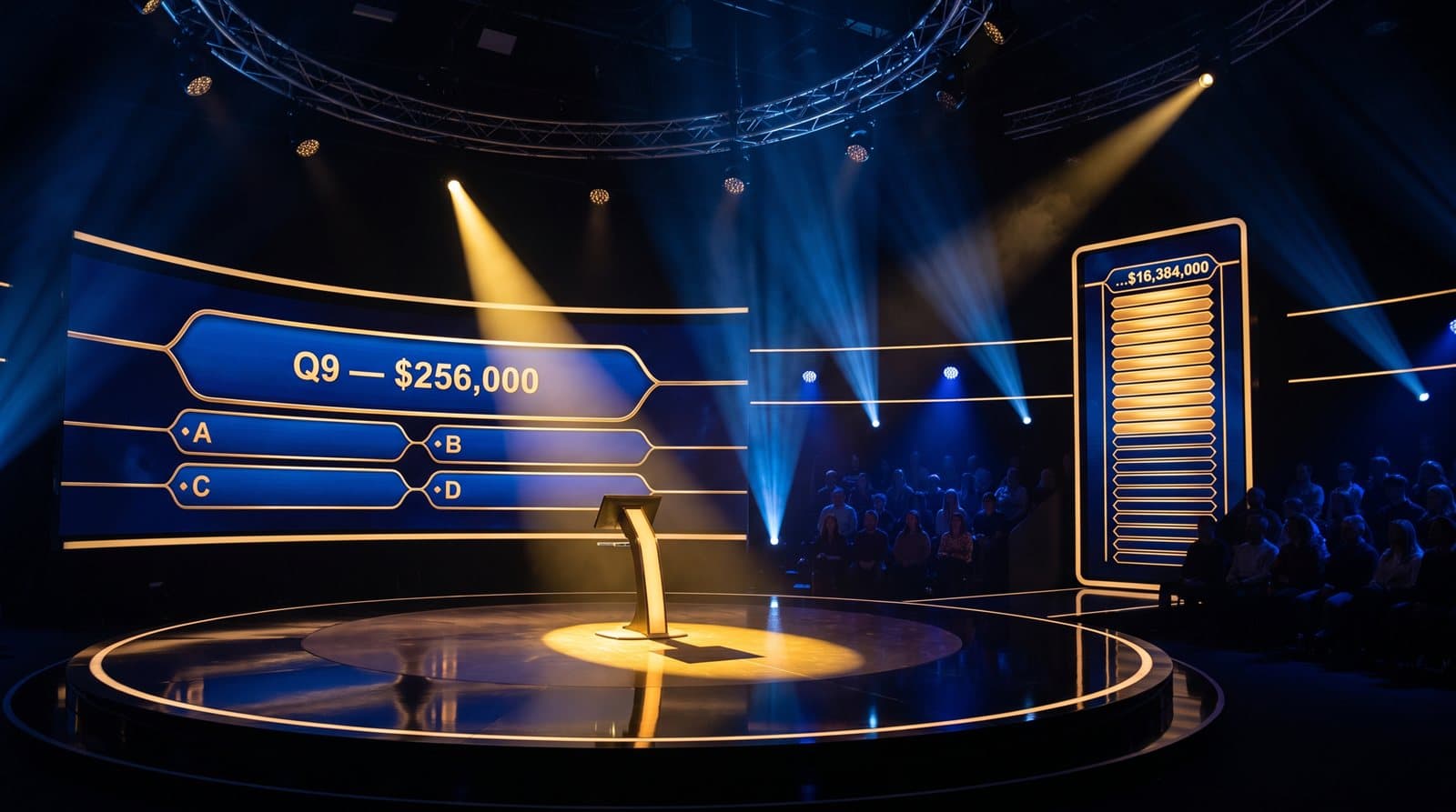 Market Millionaire key art — a $256,000 question on the studio LED wall beside the golden prize ladder