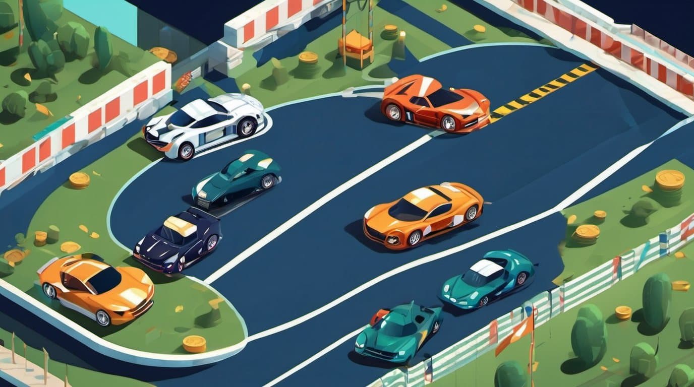 Bull Run GP key art — growth supercar, meme rocket, blue-chip sedan and index-fund turtle at the start line