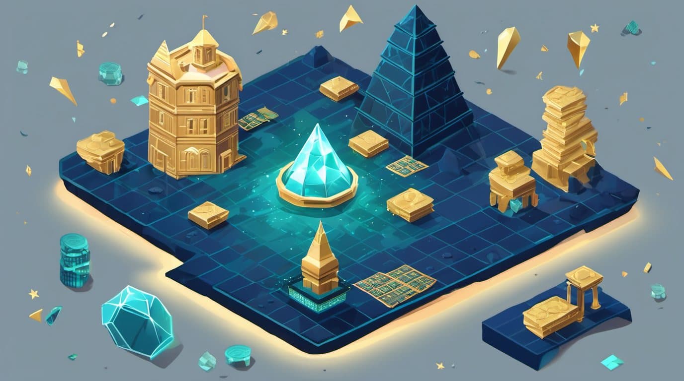 Diamond Hands key art — glossy holographic stock cards floating over a navy game table around a glowing faceted diamond, gold chips stacked below
