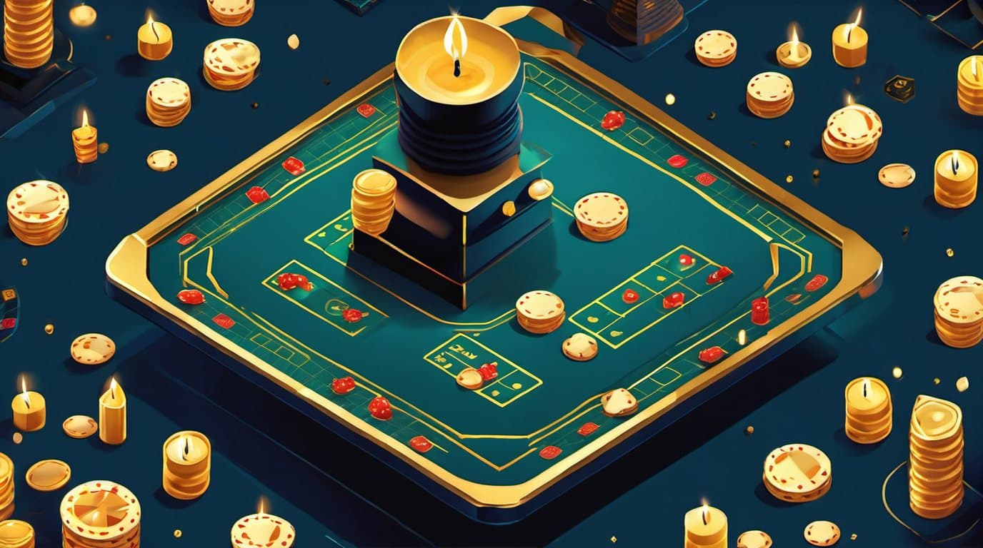 Market Dice key art — a giant golden die with BUY, SELL and SIDEWAY faces tumbling over a navy casino table stacked with gold chips