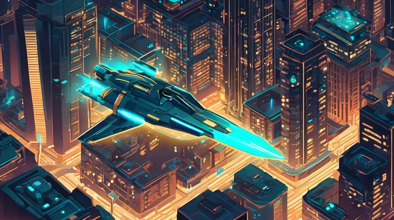 Ticker Strike key art — a golden starfighter locking onto glowing ticker pods above Wall Street