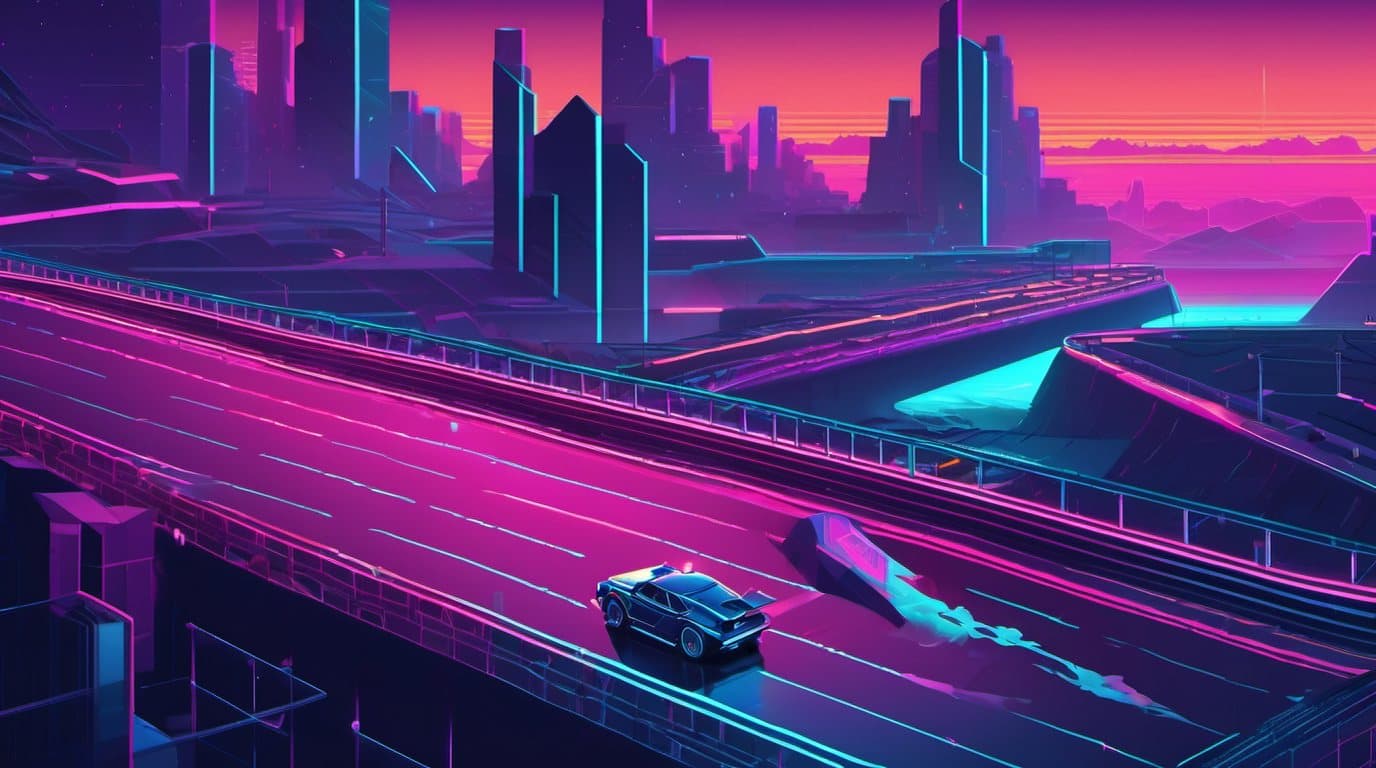Time Rally key art — a synthwave racer speeding through glowing decision gates from 1986 to 2025