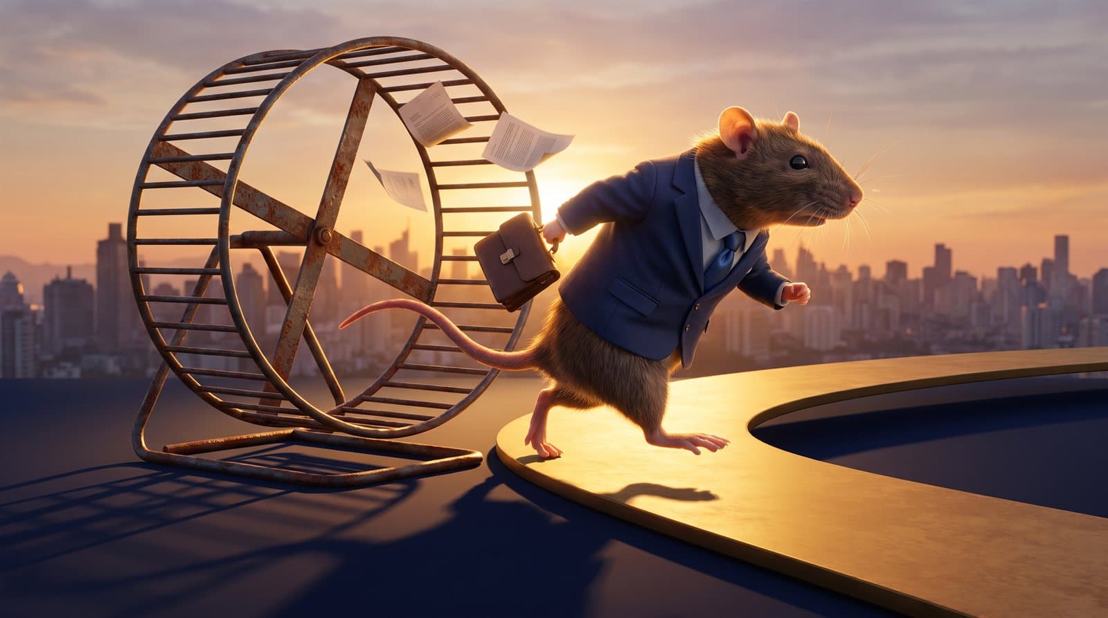 Rat Race key art — a suited rat sprinting off the hamster wheel onto the golden Freedom lane