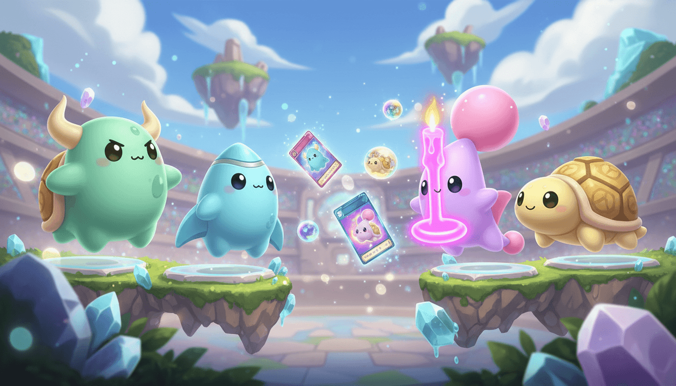 Stock Arena key art — two teams of cute chibi stock-monster creatures facing off in a candy-colored battle arena