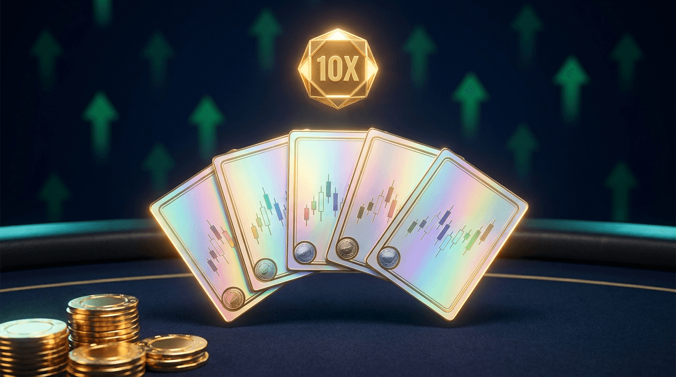 Ten Bagger key art — a fanned poker hand of holographic stock cards over a navy felt table, gold chips stacked and a glowing 10× emblem above