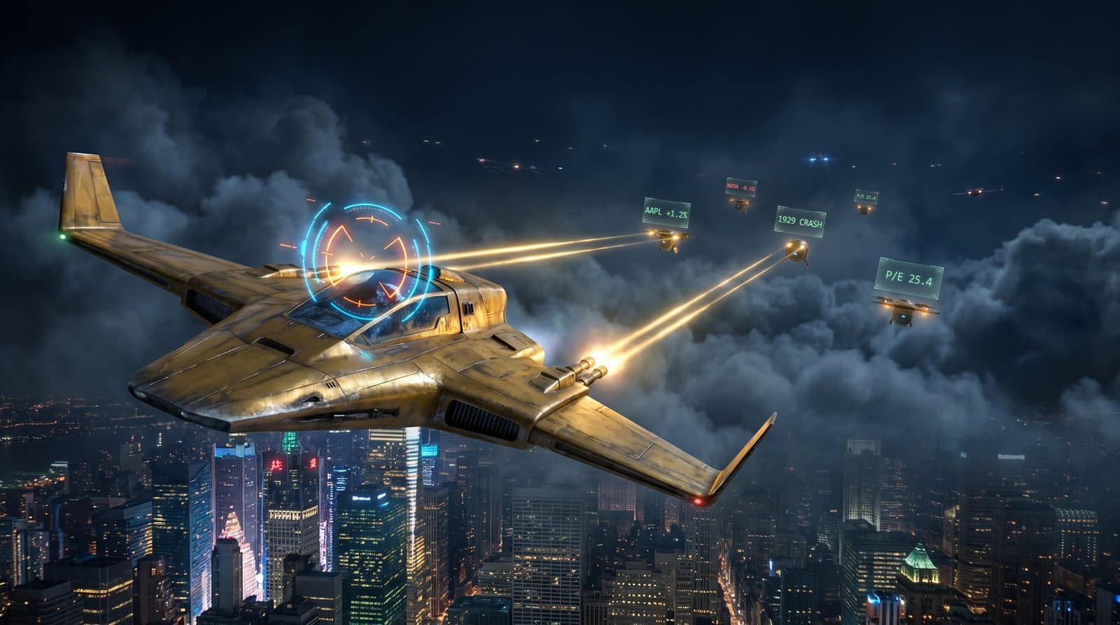 Ticker Strike key art — a golden starfighter locking onto glowing ticker pods above Wall Street