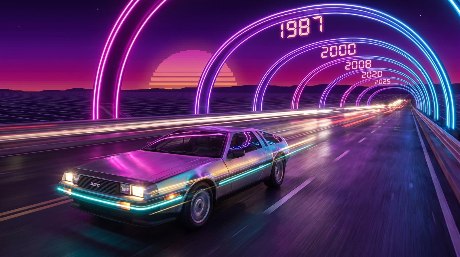 Time Rally key art — a synthwave racer speeding through glowing decision gates from 1986 to 2025