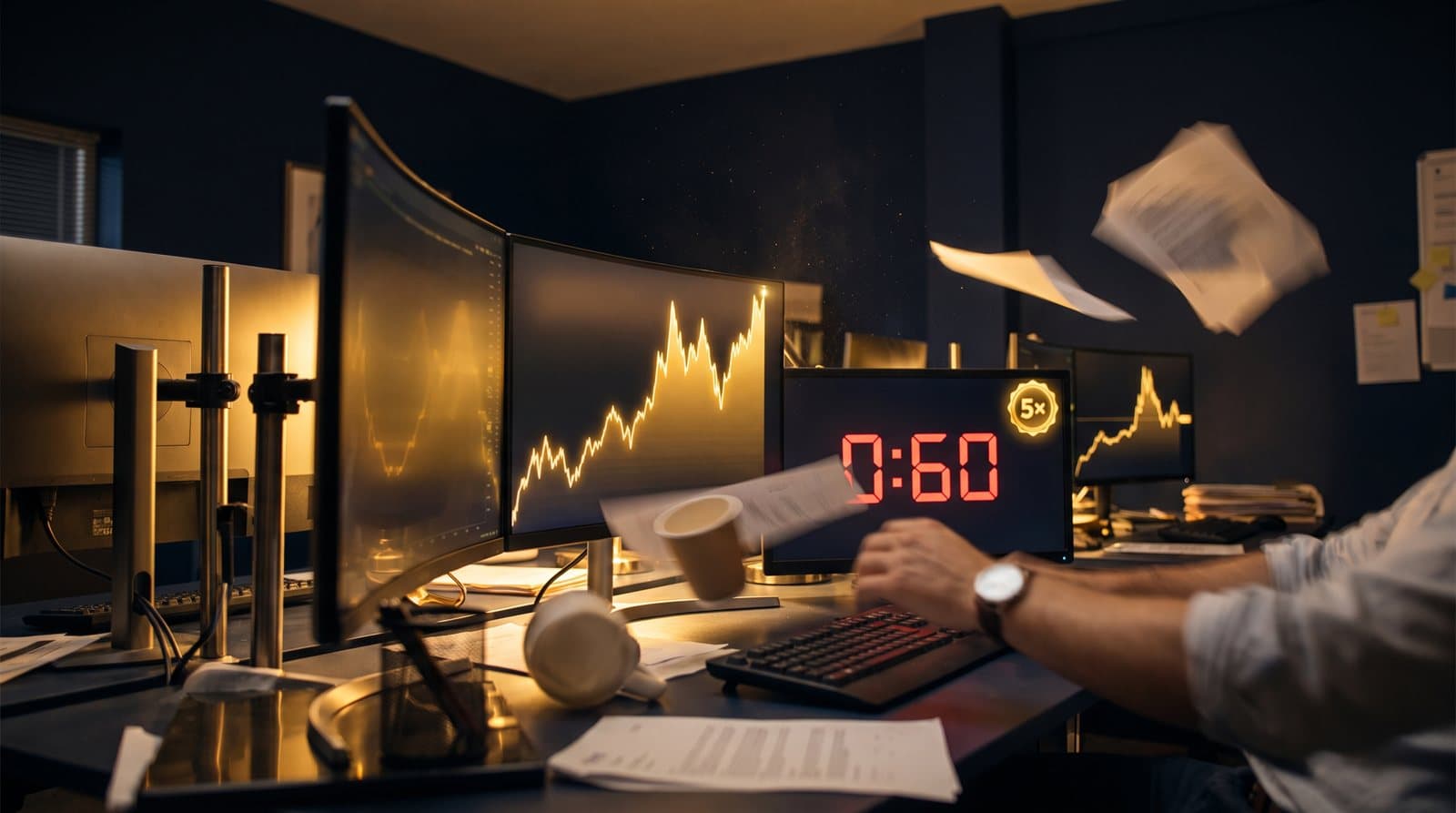 Trade Rush key art — a surging gold price line, a 60-second stopwatch and a 5× leverage badge