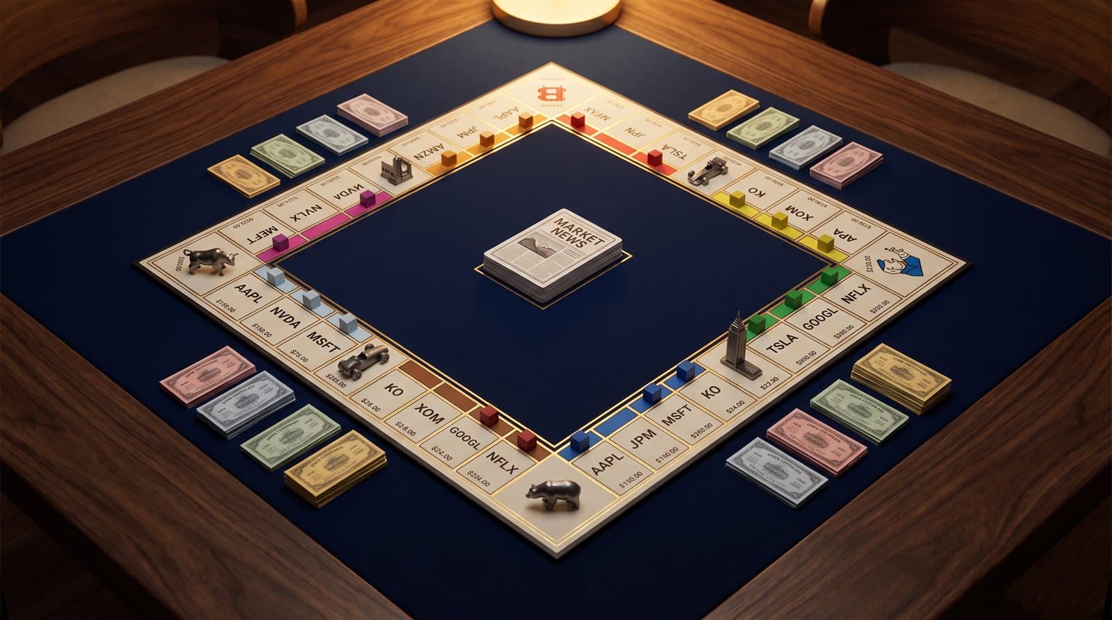 NOPOLY: Wall Street board mid-game — 36 tiles of US stocks with live prices and player tokens