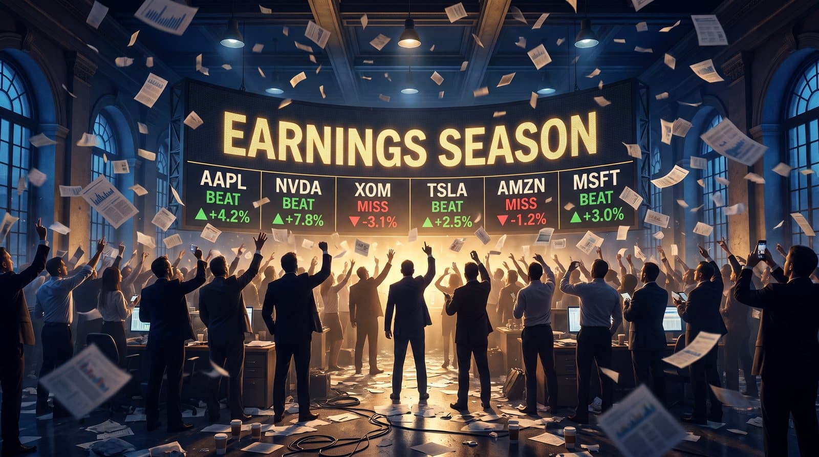 Earnings season modal showing portfolio companies beating and missing expectations