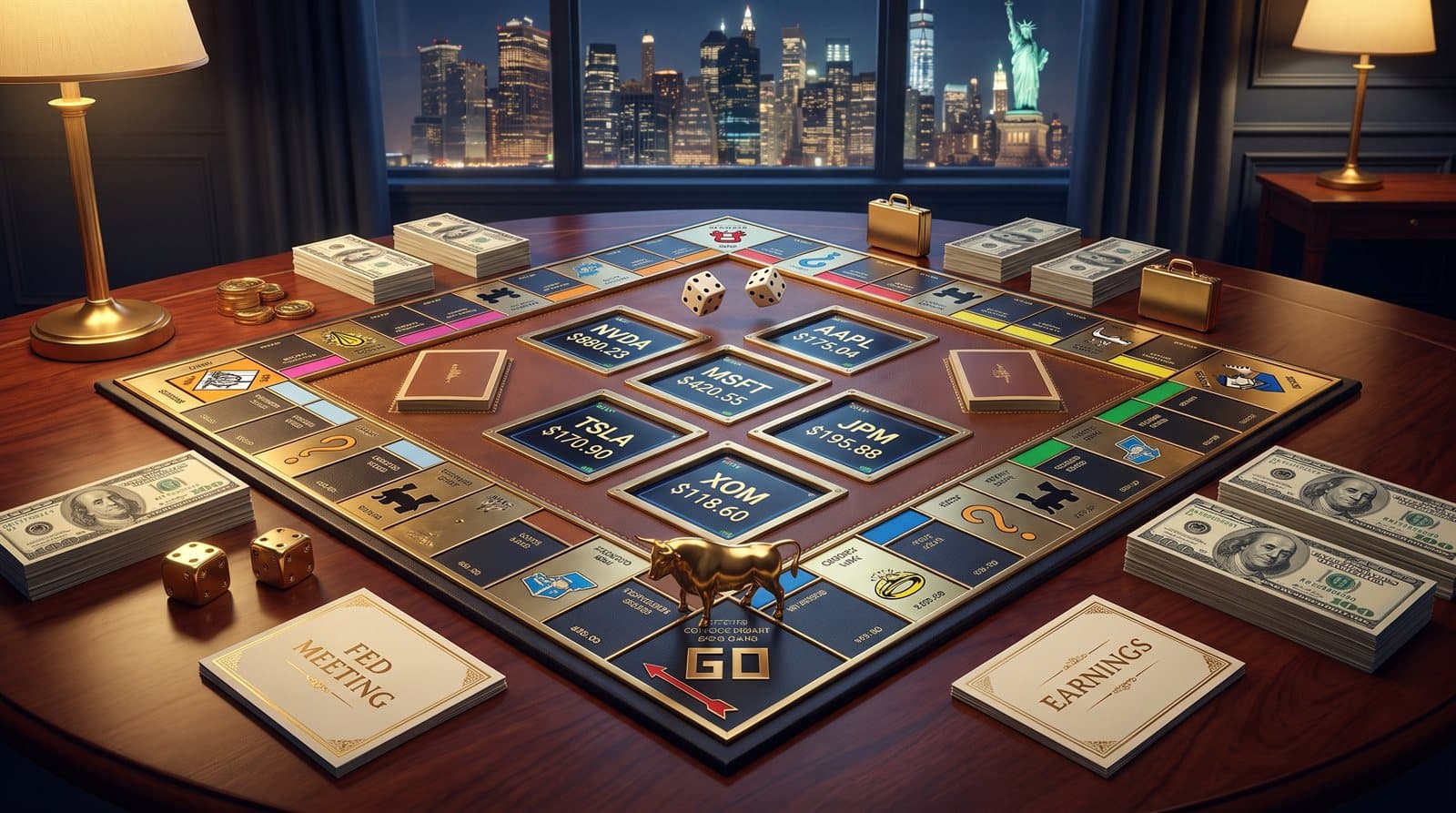 NOPOLY: Wall Street board mid-game — 36 tiles of US stocks with live prices