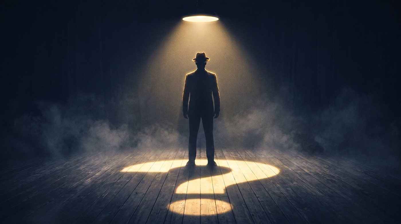 A mysterious investor silhouette in a golden question-mark spotlight