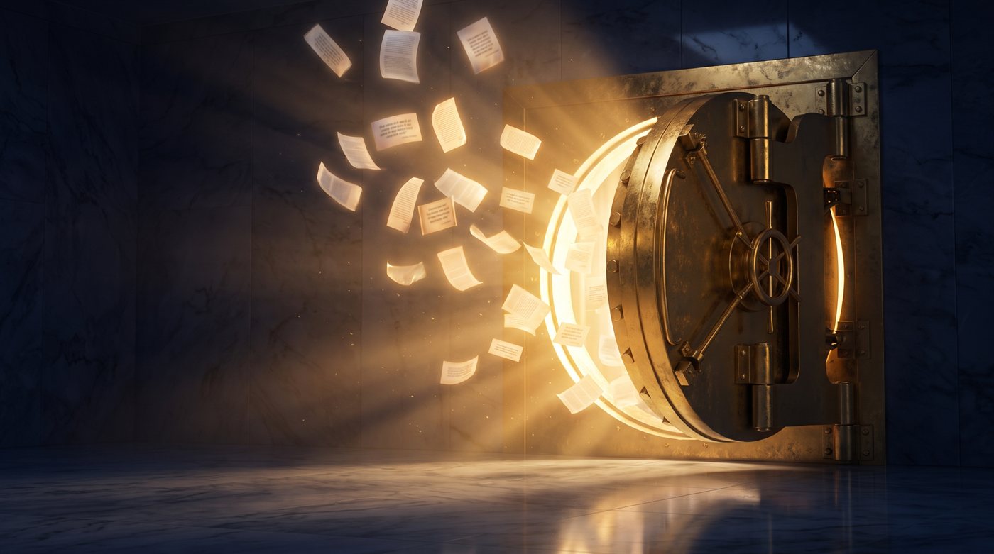 A golden vault door opening with glowing quote papers flying out