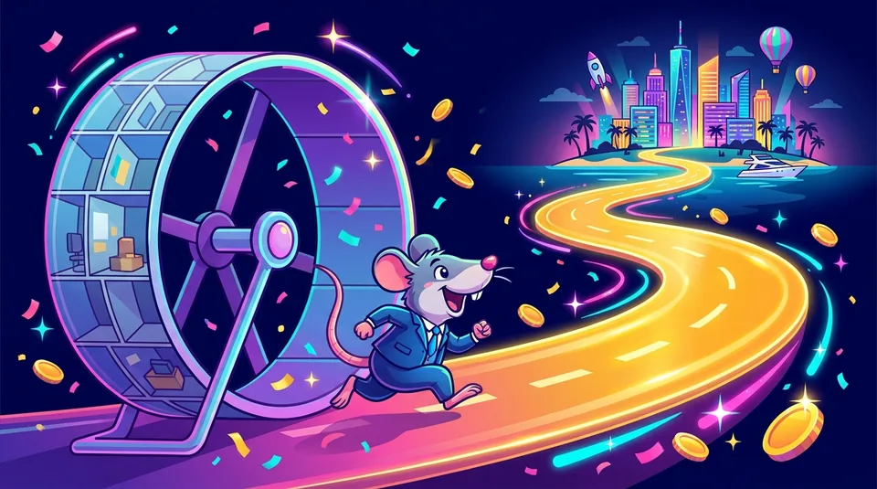 NOPOLY Rat Race key art — a rat in a suit escaping the office hamster wheel toward a golden city of dreams